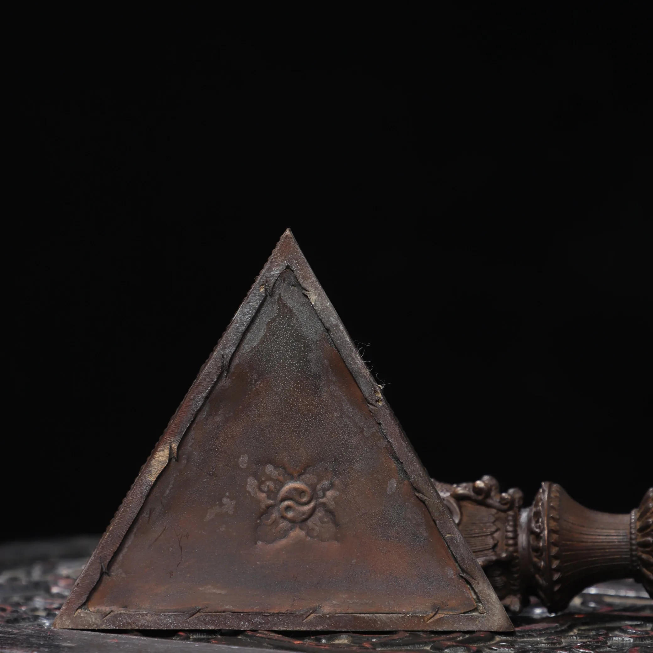 Old Bronze Cinnabar Gilded Mahakala Buddha Head Dorje Vajra Phurpa Lotus base Amass wealth Ornaments