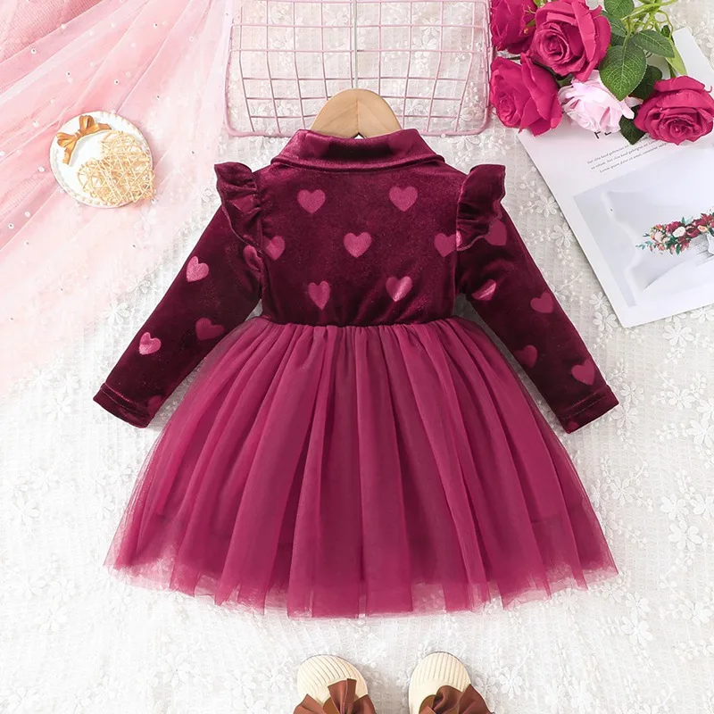 Spring Autumn Girl Dress Baby Cute Heart Pattern Mesh Patchwork Casual Dress Infant Fashion Outing Dress Birthday Wear Valentine