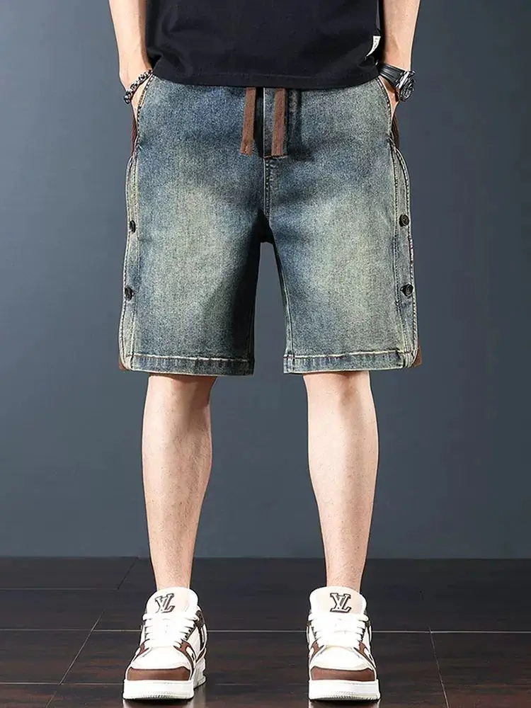 Amerikaanse retro heren denim orts casual rechte pijpen zware wa outdoor vijfknops splitsbroek jeugd zomerkleding