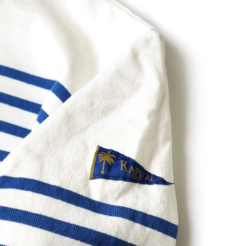 

Kapital 22AW Pure Cotton Loose Long Sve Stripe Base irt Patchwork Design Casual round Ne Spring Autumn Youth Faion