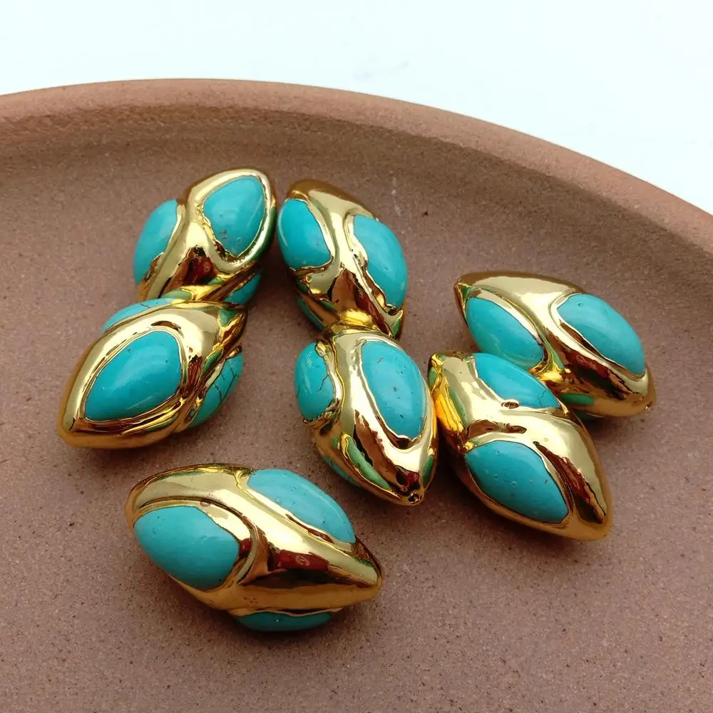 5pcs 19x32mm Olivary blue Turquoise Beads Gold Plated Beads Spacer Jewelry Making Findings