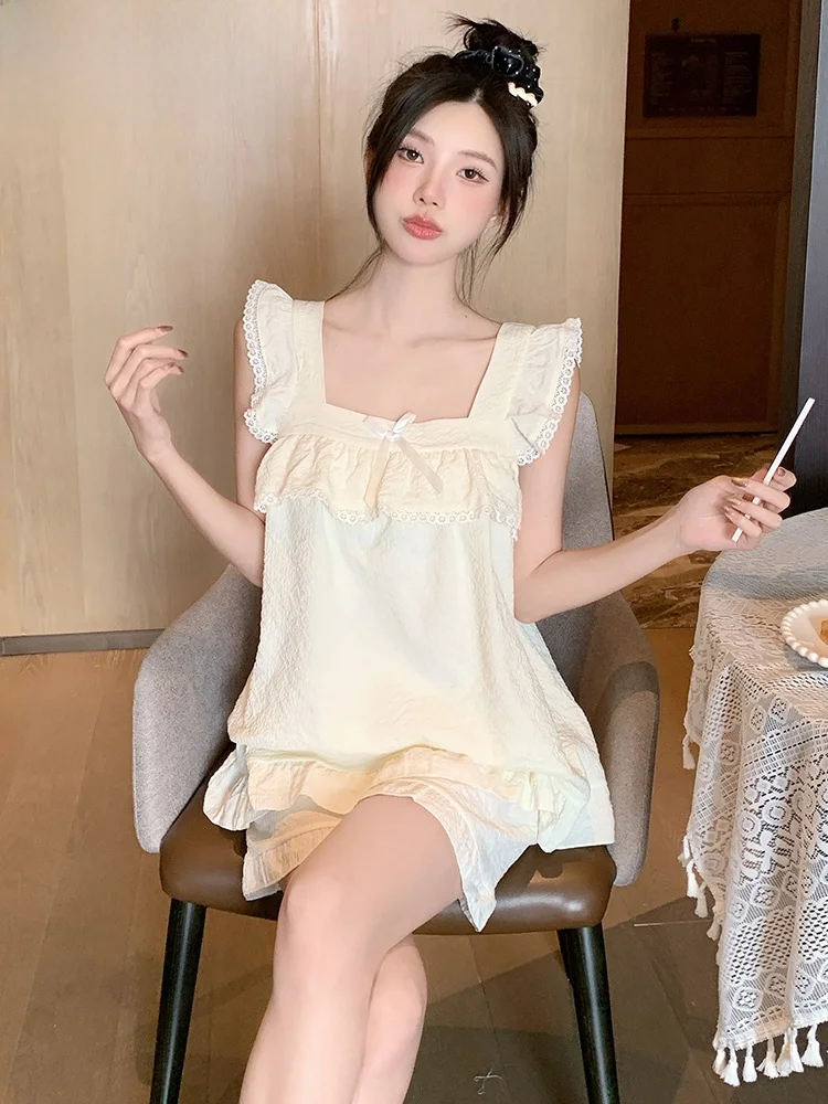 

Cloud Cotton Summer Thin Sve Nightgown Women's Home Clothes Set Cute Sweet Sle ort Sve Square Collar Spwear