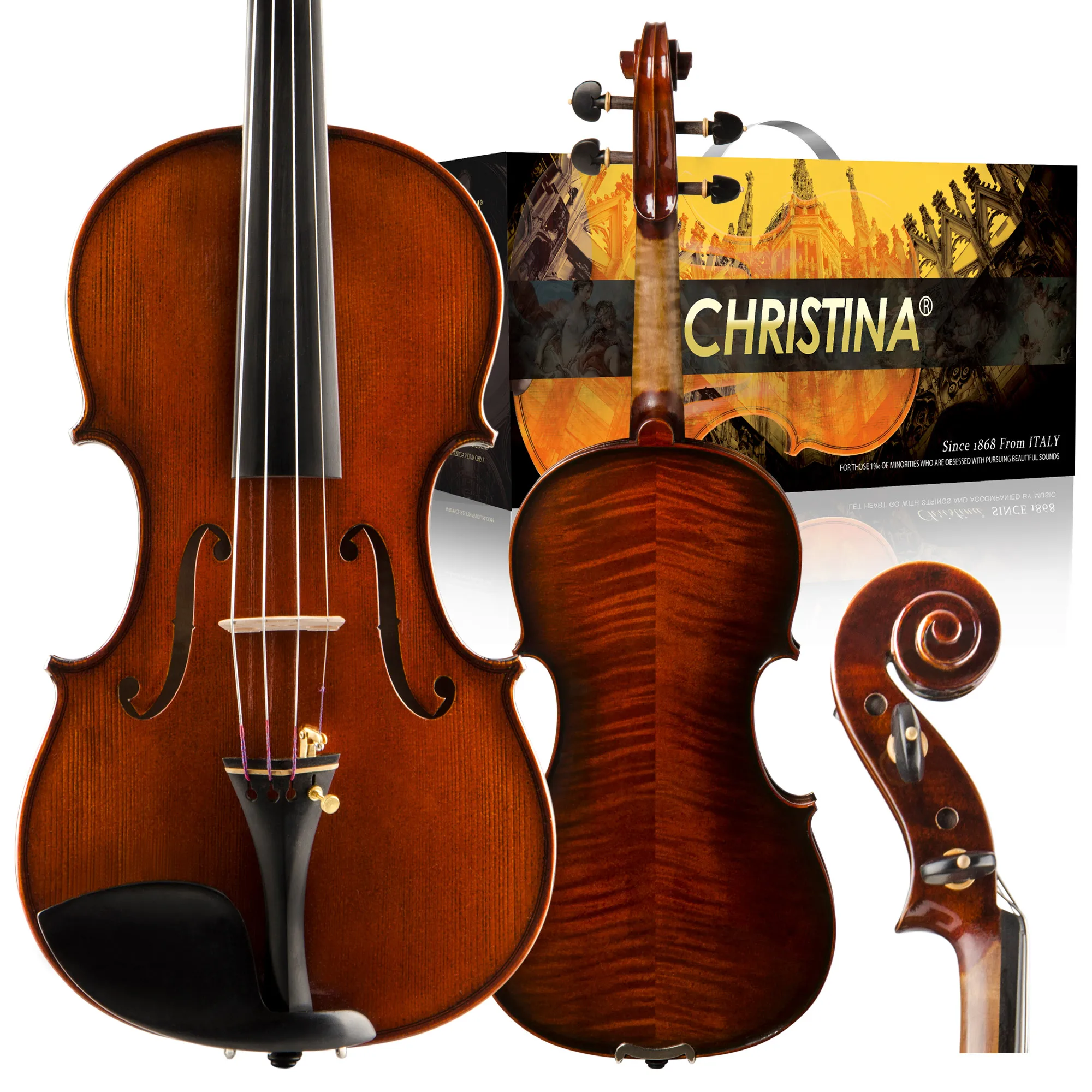 CHRISTINA Purely Handmade Violin V05D Dark Red Solid Spruce Two-piece Maple Back Ebony Fittings with Full Accessories 4/4 Size