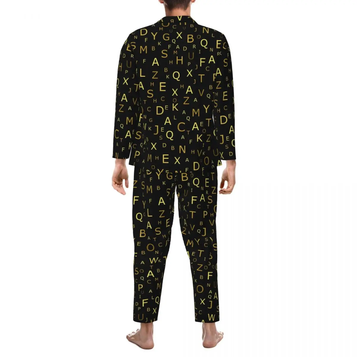 Golden Letter Sleepwear Autumn Alphabet Print Casual Loose Oversize Pajama Sets Male Long Sleeves Leisure Graphic Home Suit