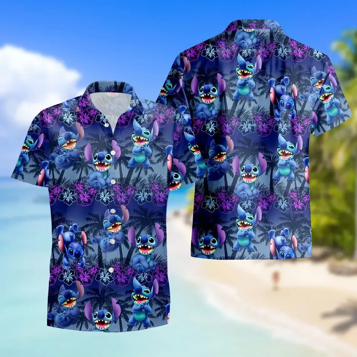 Camisas havaianas masculinas e femininas, manga curta, camisas casuais para praia, moda Disney, verão