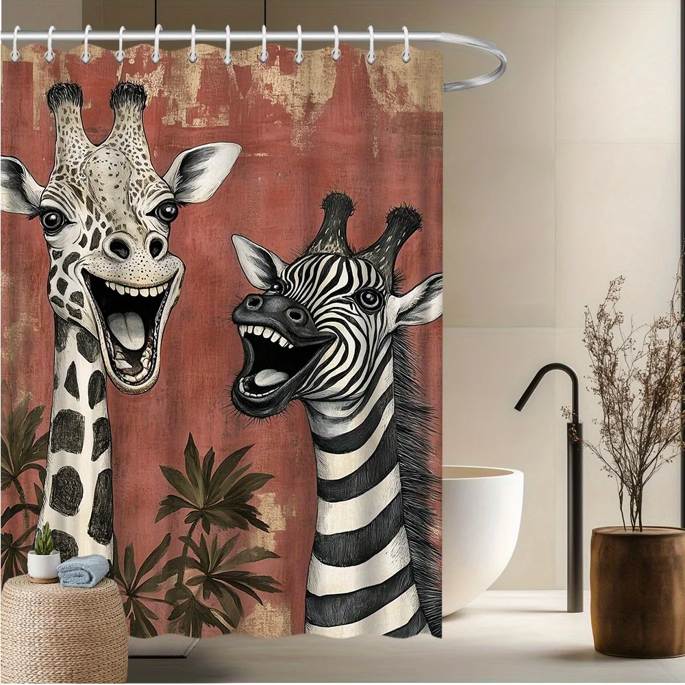 

1pc Giraffe and Zebra Safari Shower Curtain - Polyester Fabric Illustration of Laughing Giraffe and Zebra with African Wildlife