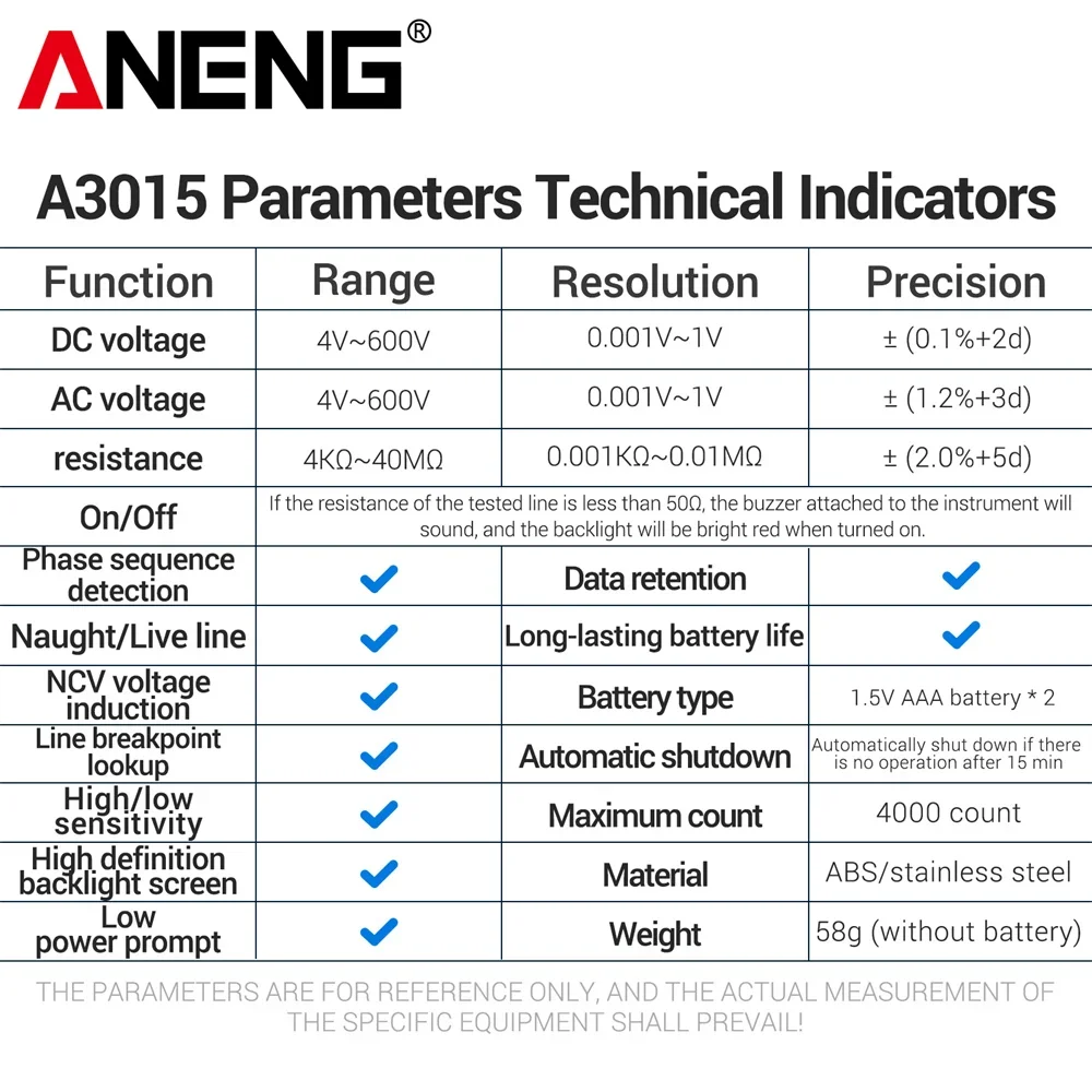 ANENG A3015 Smart Pen Multimeter AC/DC Spannung NCV Spannung Induktion Digitale Hintergrundbeleuchtung Auto Sicherung Diagnose Sonde Detektor Stift