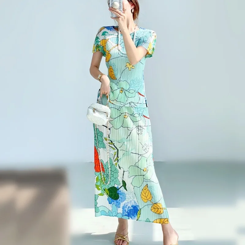 2 Pieces Woman Summer Elegant Floral Print Short Sleeve Stretched Blouses Shirts Tops And Pleated Ladies Party Skirts Suits NZ42