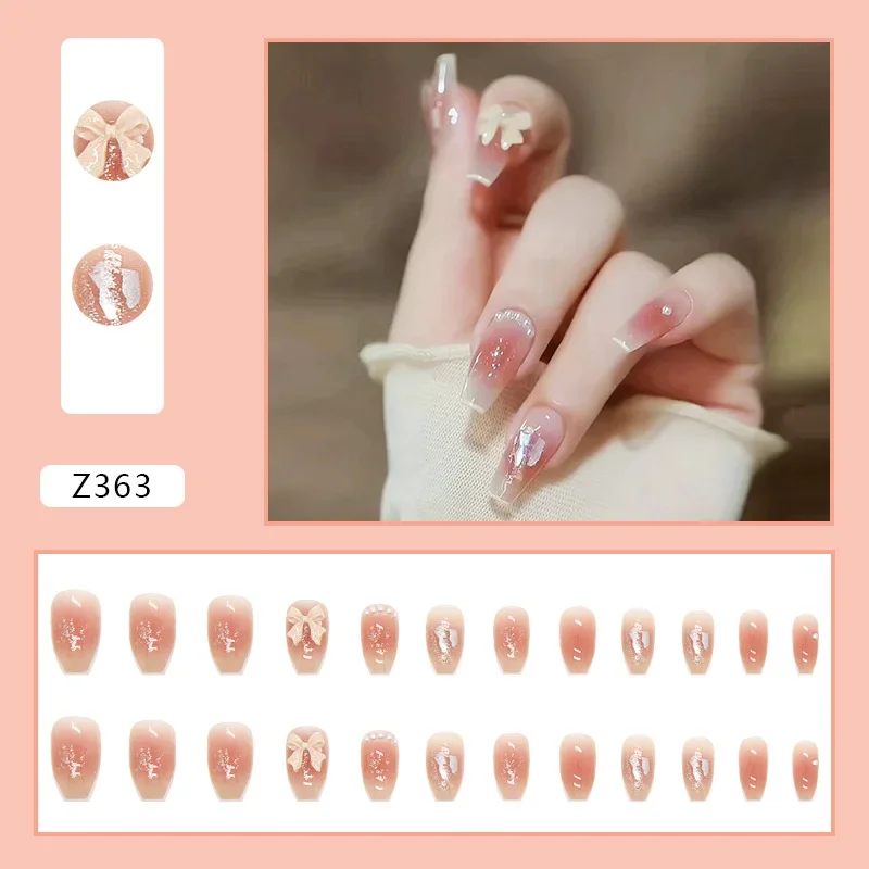 24 stks 3d Boog Parels Lange Doodskist Ballet Franse Kunstnagels met Lijm Nep Nagel met Ontwerp Zoete Blush Druk op Nagels met Charme