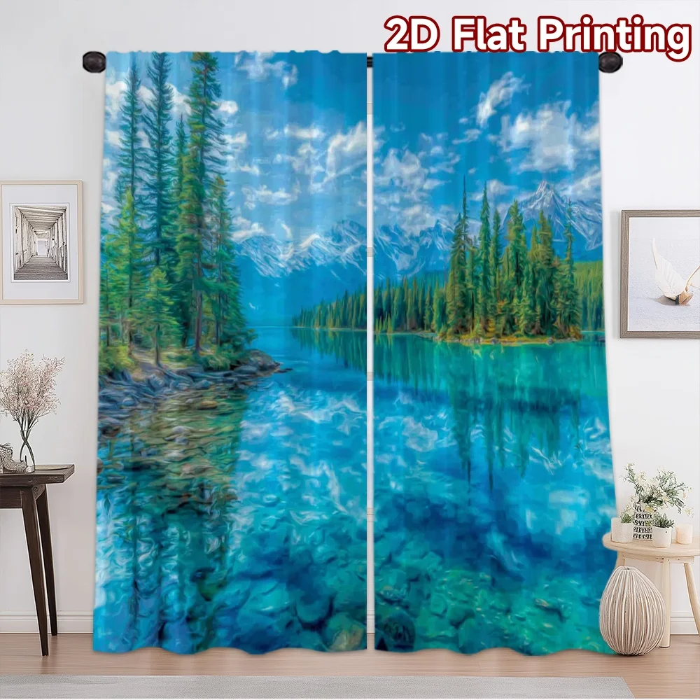 2D flat printing 2pcs Curtain Drapes Peaceful Lake Scenery Digital Printed Polyester Drapes Festive Holiday for Holiday Party