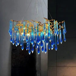 Luxury Classic Blue Crystal LED Hanging Lamp Lustre Chandelier Lighting Fixture For Living Room Kitchen Room Decoration Lighting