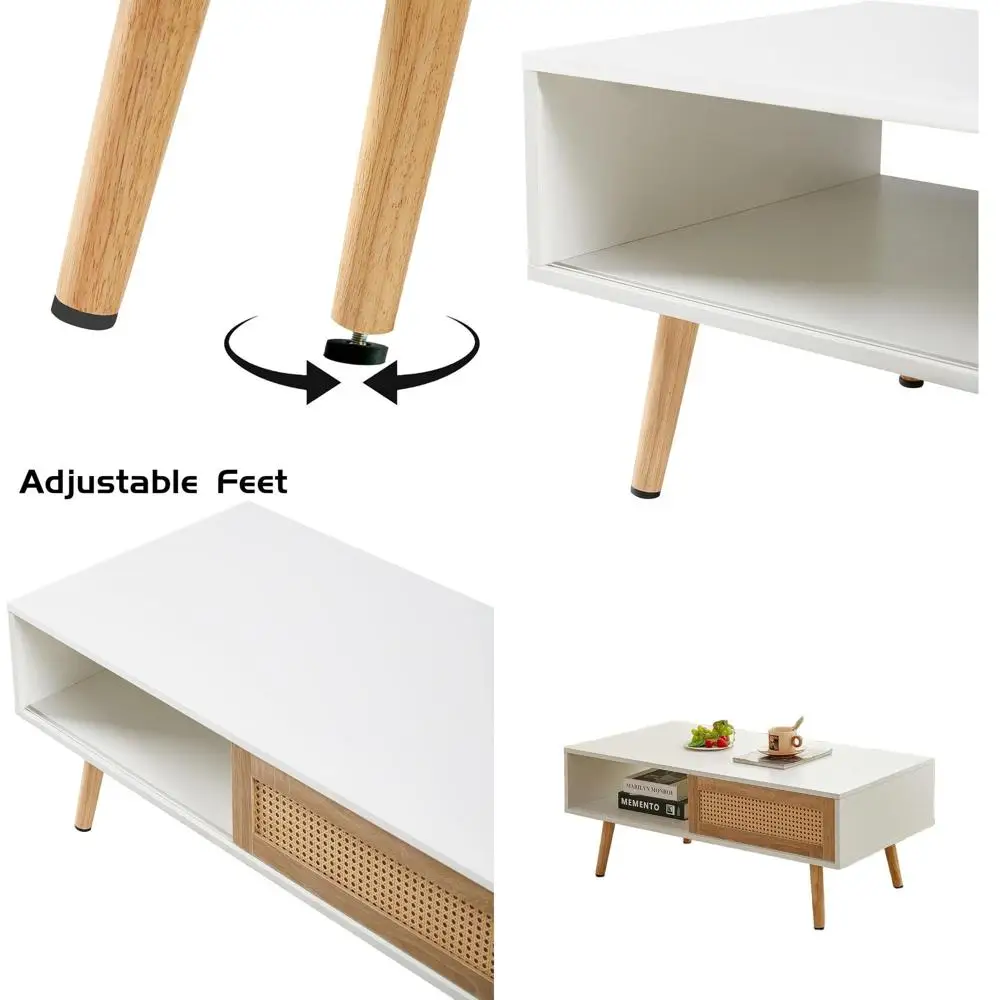 Modern White Rattan Storage Coffee Table with Wooden Sliding Door and Solid Legs for Living Room