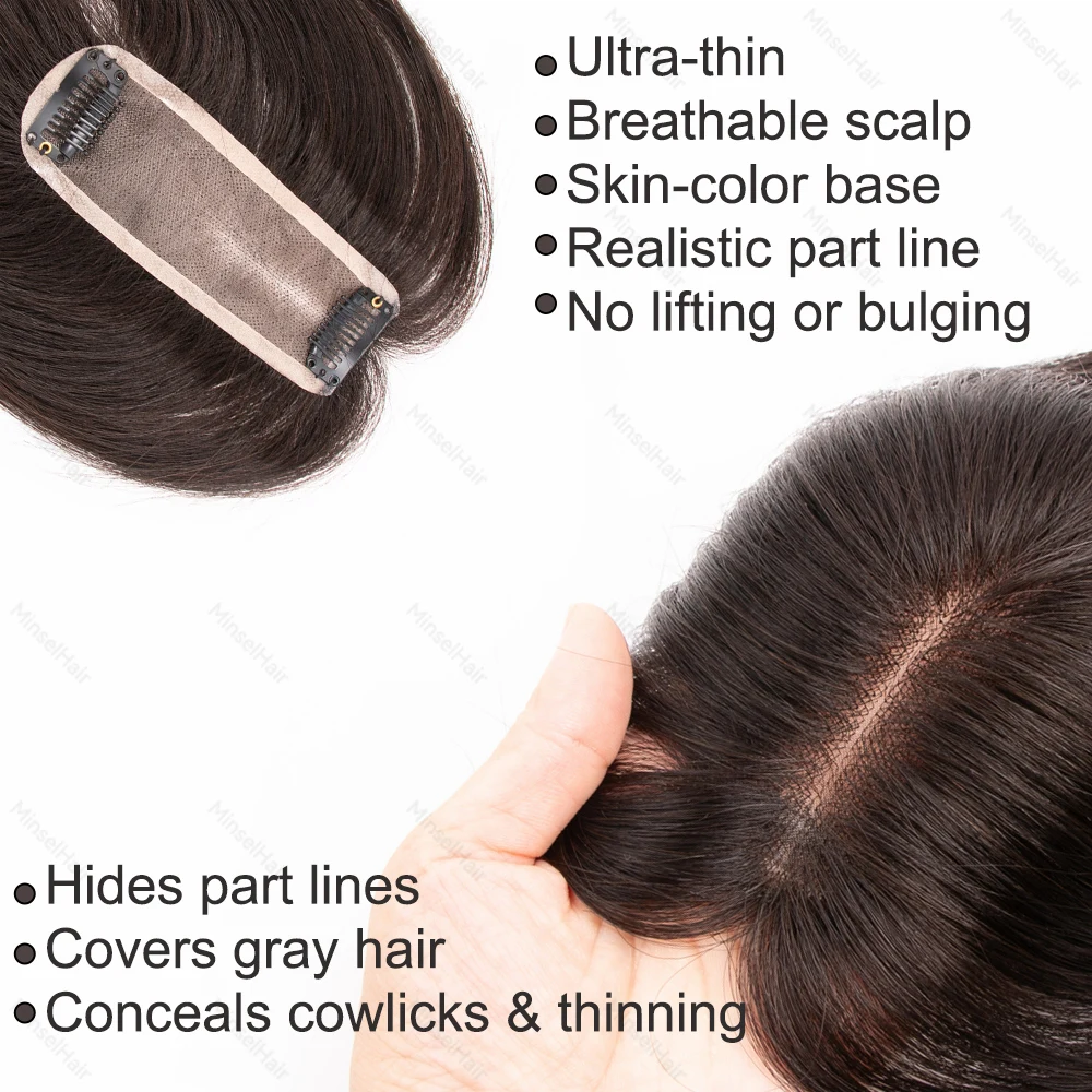 Virgin Human Hair Topper For Women 4x13cm Mono Base Hairline topper Breathable For Hairline/Cover Gray Hair Bleachable to #27