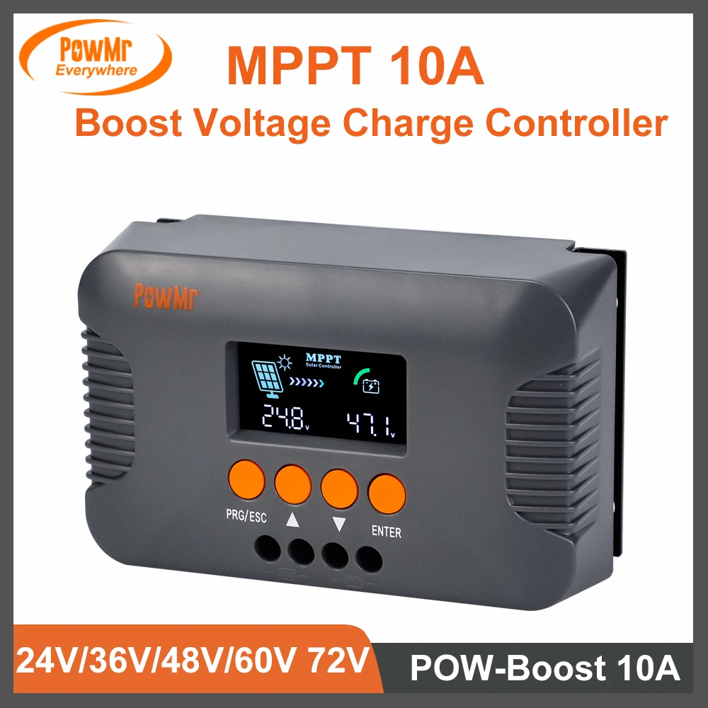 PowMr Boost Voltage Charge Controller MPPT 10A 24V 36V 48V 60V 72V Fit for LiFePO4 Gel and flooded lead-acid Battery Max PV 400W