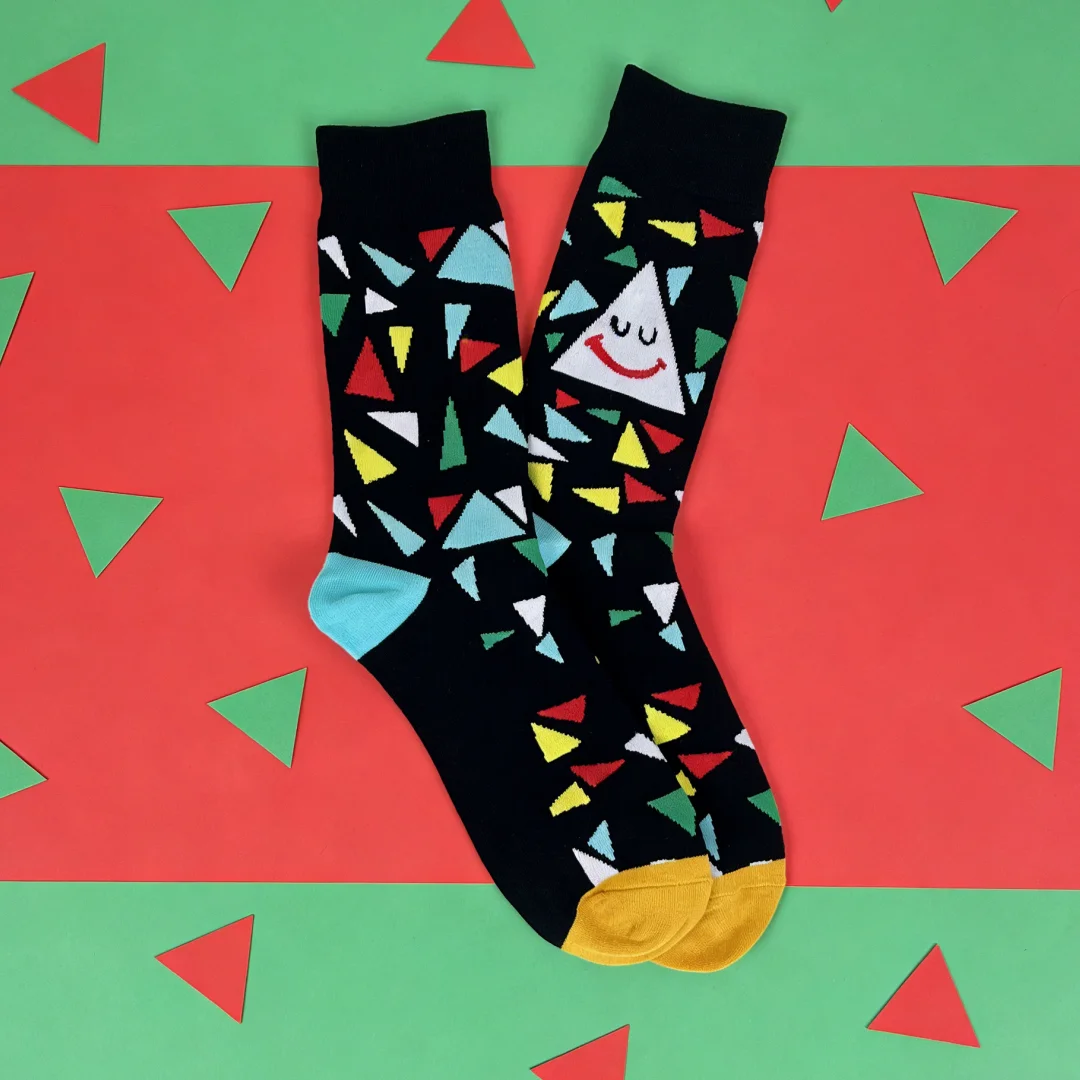 【1 Pair】Geometric Colour-Block Smiley Socks, Street Style Essentials, Suitable for All Seasons