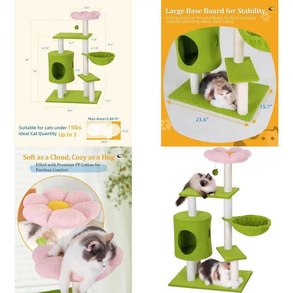 

Зеленое домашнее кошачье дерево с 3-мя стойками, маленькой башней, уютной пещерой, гамаком и окунем для котят