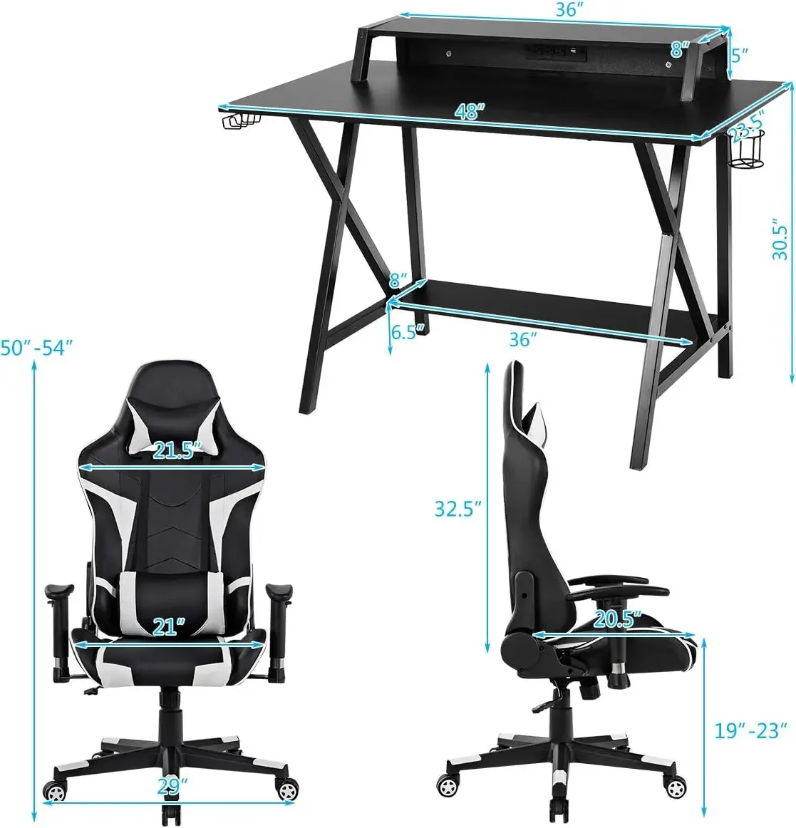 Conjunto de mesa e cadeira para jogos, mesa ergonômica para jogos e-sports e conjunto de cadeiras de corrida com suporte para copos, suporte para monitor, gancho para fone de ouvido