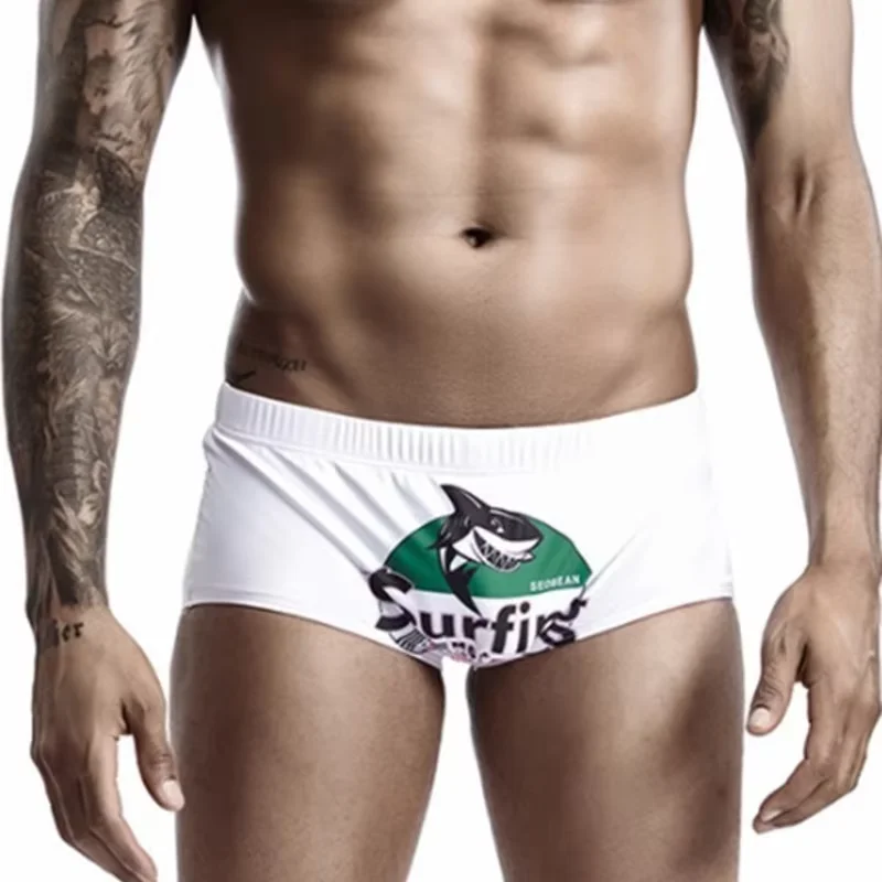 Shark Print Boxer Swim Trunks for Men Flat-Foot Swimming Shorts Quick-Drying Beach Swimwear Hot Spring Bathing Suits Swimsuits