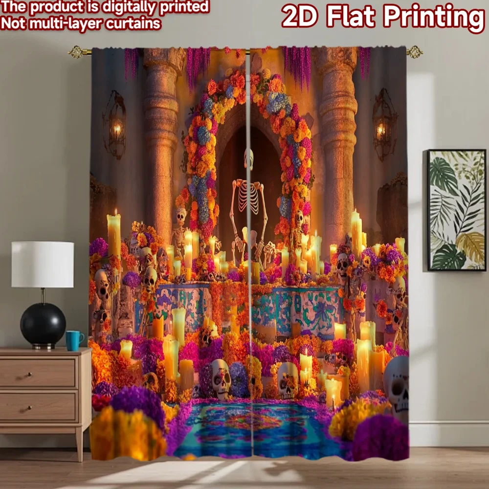2D flat 2pcs Curtain Retro Country Style Day of the Dead Altar Durable polyester fiber Holiday Decorations Use for Living Room