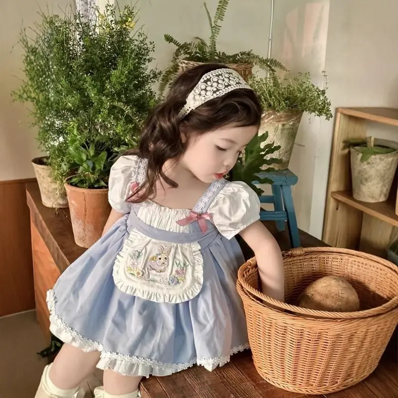

Girls' Short Puff Sleeve Dress in a Lolita Style, Summer Fresh Blue and White Rabbit Cartoon Princess Dress.