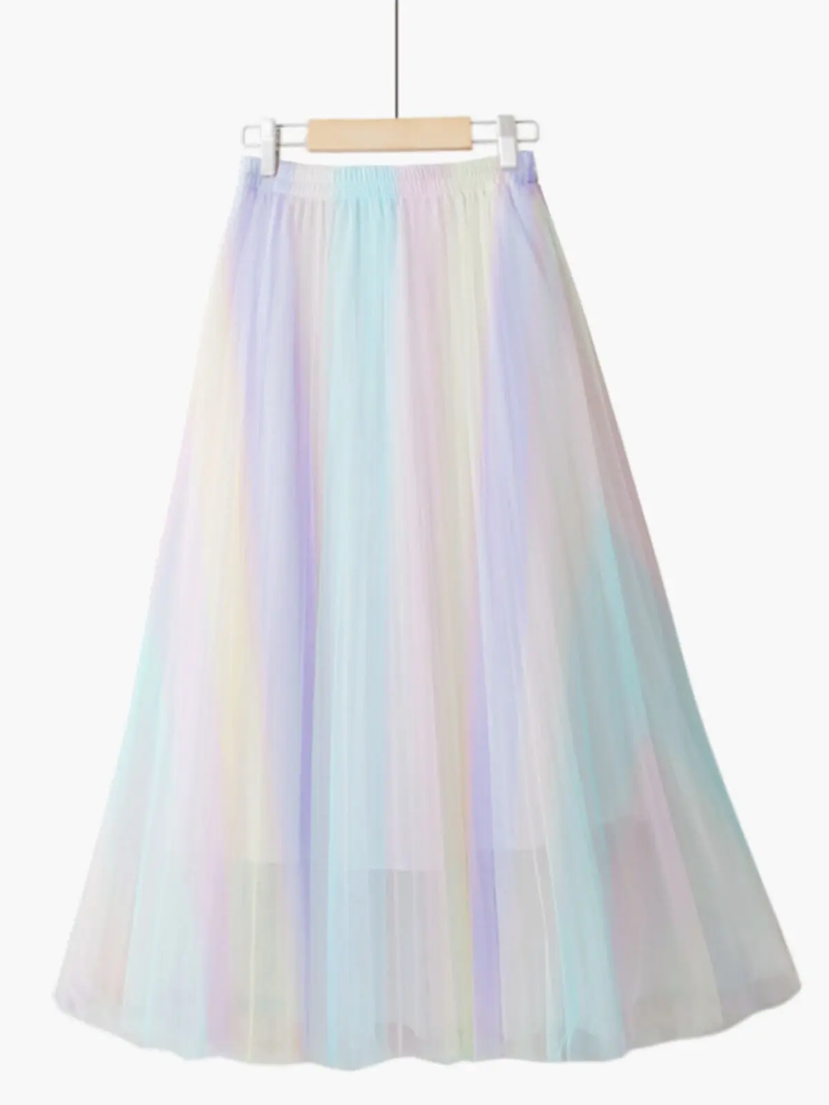 

Нежная ретро-юбка из тюля средней длины с высокой талией, в радужную полоску, с градиентом и цветовыми блоками, для пляжа