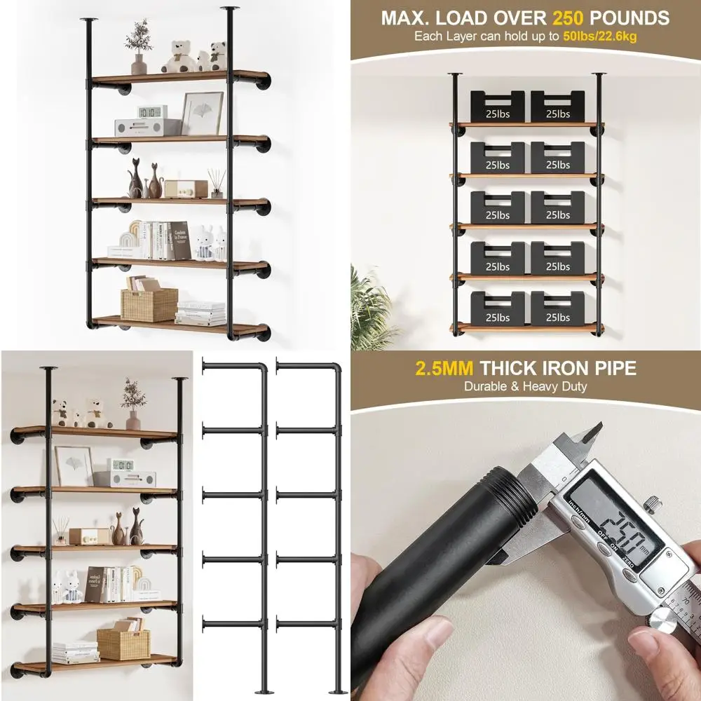 5-Tier Wall-Mounted Iron Pipe Open Bookshelf - DIY Storage Shelves