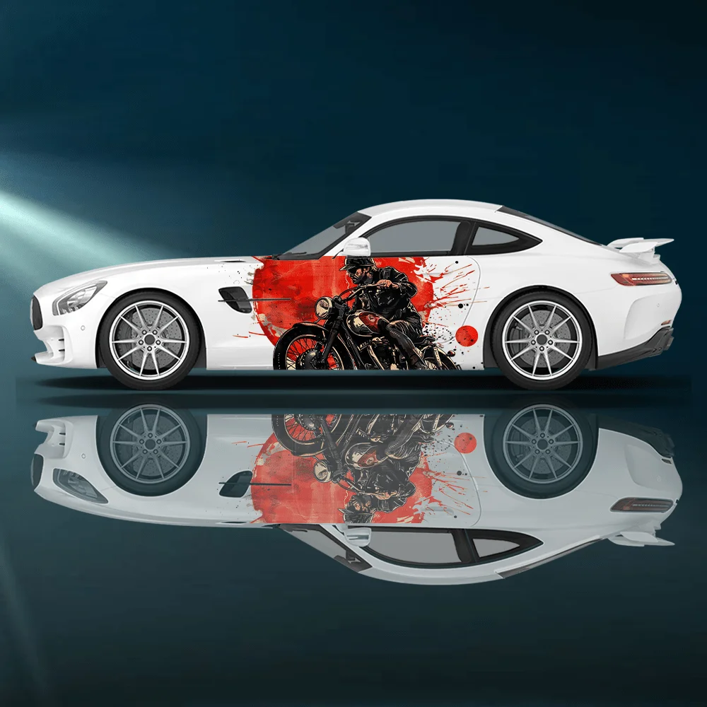 Retro Vintage Motorcycle Pattern Car Side Full Body Stickers Floral Decoration Covering Scratches Waterproof Car Vinyl Wraps