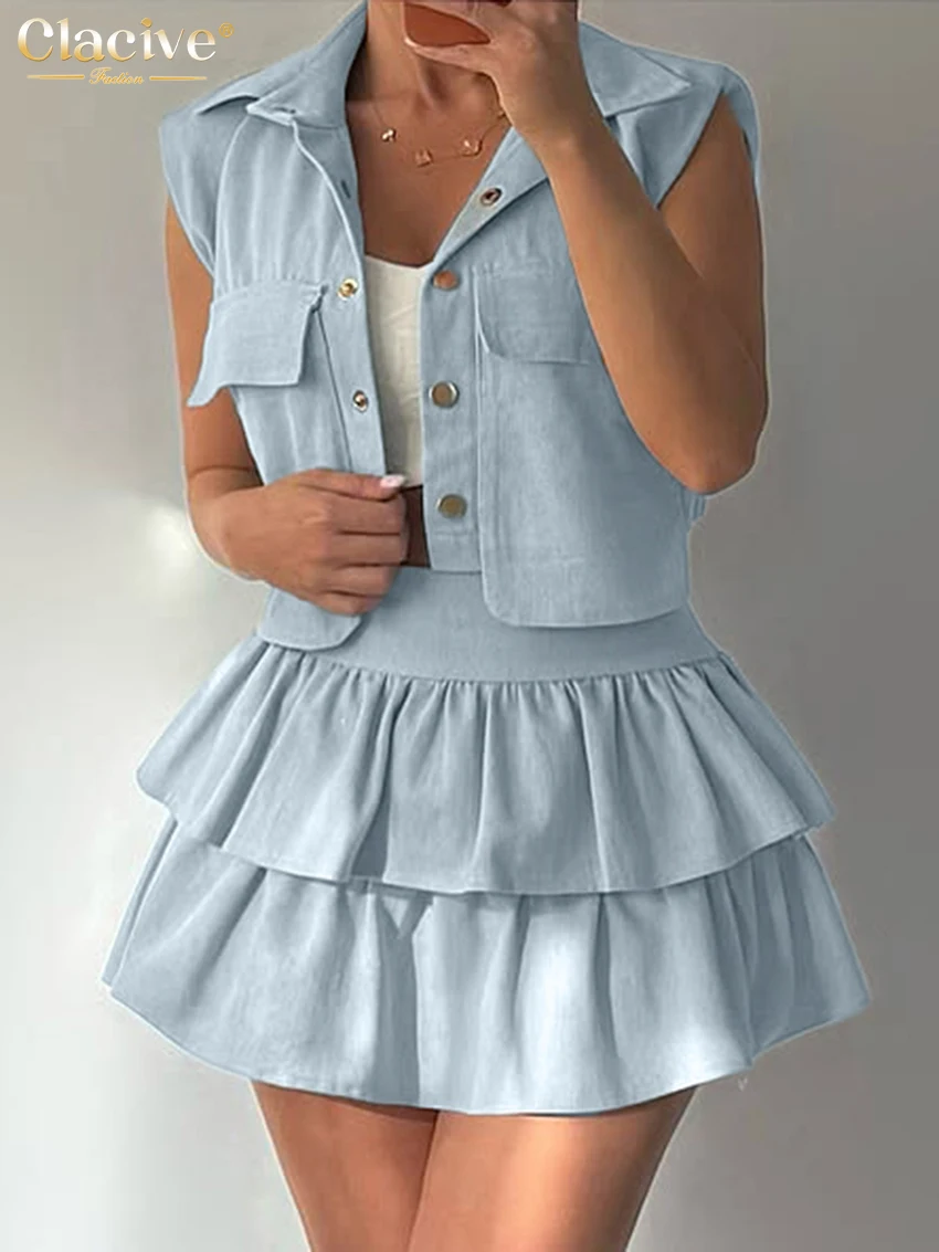 

Clacive Summer Slim Blue 2 Pieces Set Woman Sexy Sleeveless Tank Top With High Waist Pleated Mini Skirt Set Female Streetwear