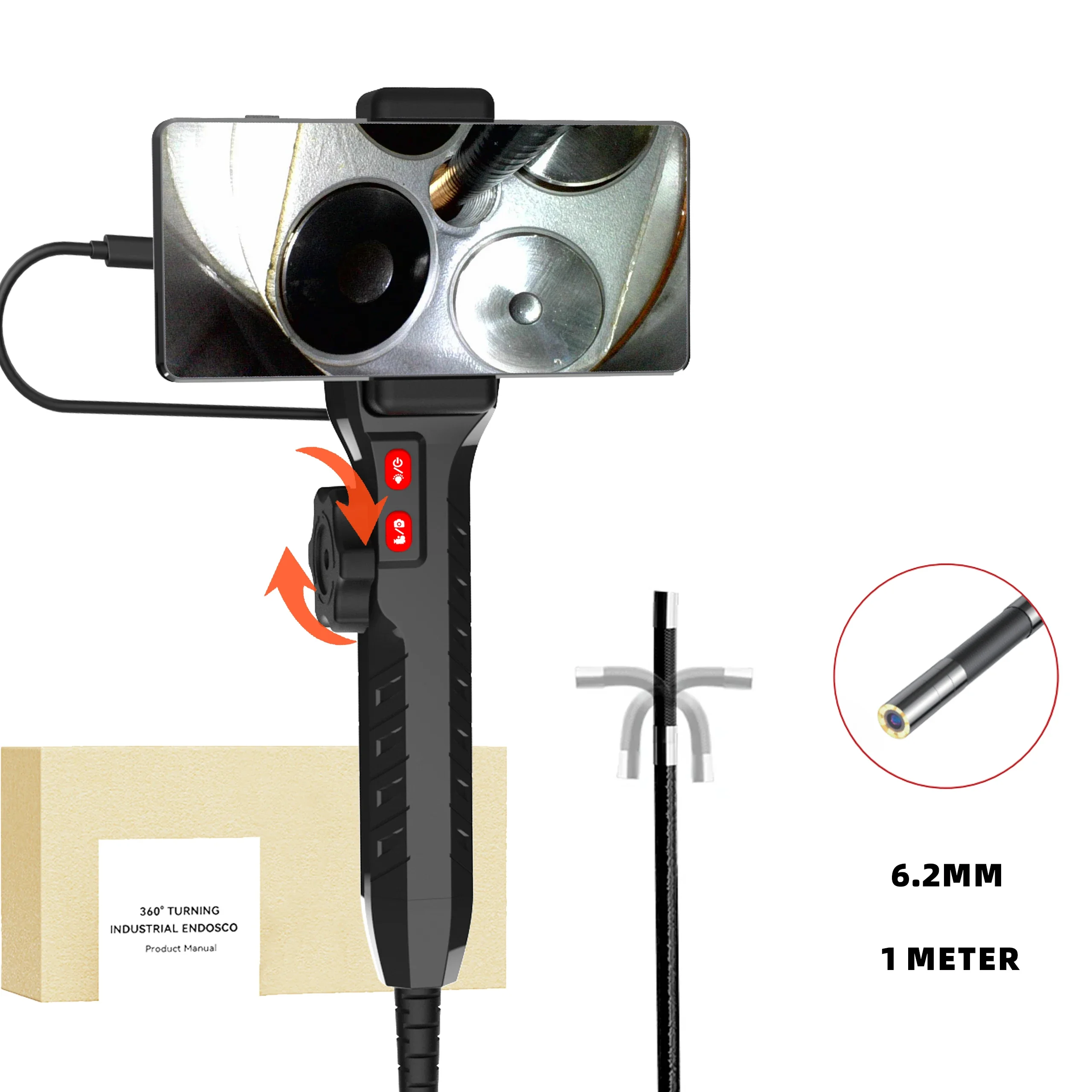 1080P Car Automatic Maintenance Hole Endoscope 6MM 180 Degree Steering Inspection Camera with 8 LED