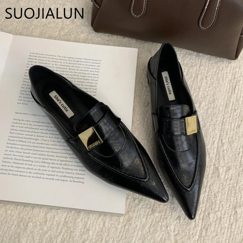 SUOJIALUN 2024 Autumn Women Flat Shoes Fashion Pointed Toe Buckle Ladies Elegant Laofer Shoes Square Low Heel Casual Single Shoe