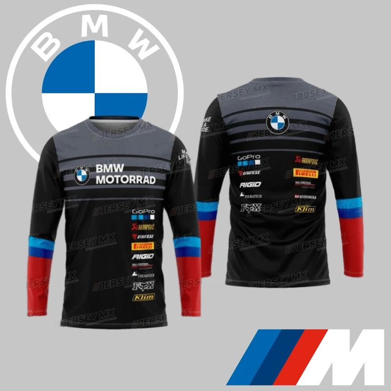 2025 جديد BMW كلاسيكي التجفيف السريع كم طويل تي شيرت مريح عادية عالية الجودة قمة علوية BMW بدلة ركوب الدراجات تي شيرت موتو