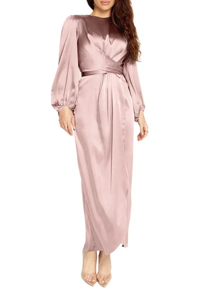 

High Quality Satin Modest Muslim Dresses Women Islamic Abaya Kuwaiti Women's Jalabiyat Ramadan 2025 Evening Dress Party Dressrs