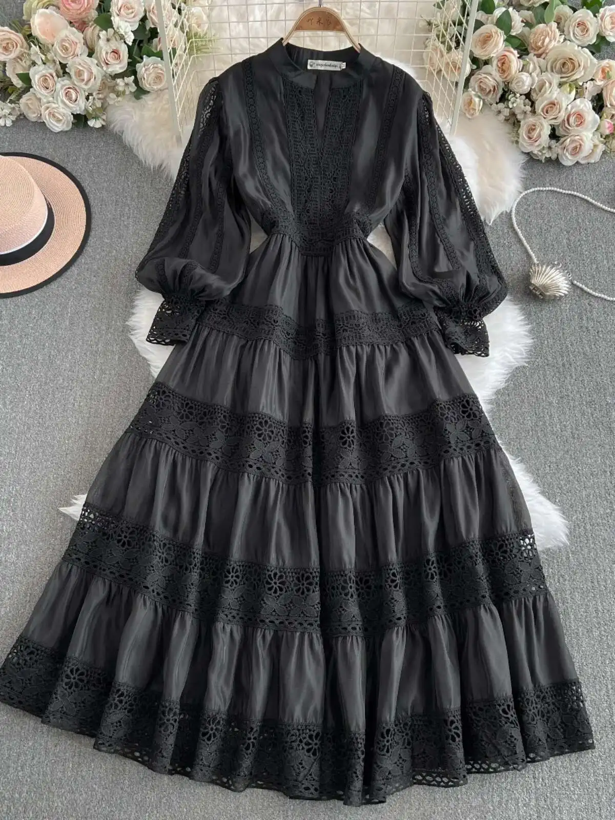 Vestido de noche bordado de encaje blanco liso para mujer, bata Midi de manga larga para fiesta y boda, moda de verano y otoño