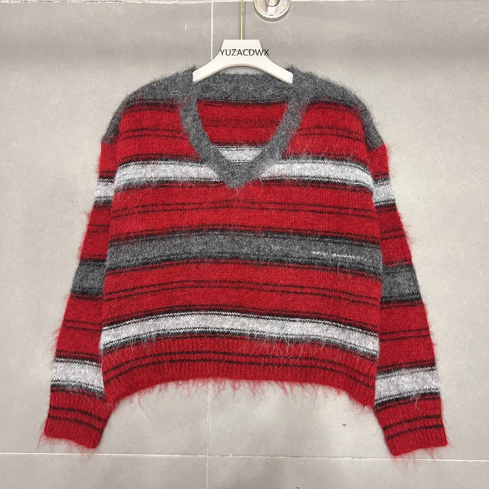 Striped Red Sweater with a High-end Feel New Loose and Lazy Style for Female Students to Wear Outside Knitted Sweater Top