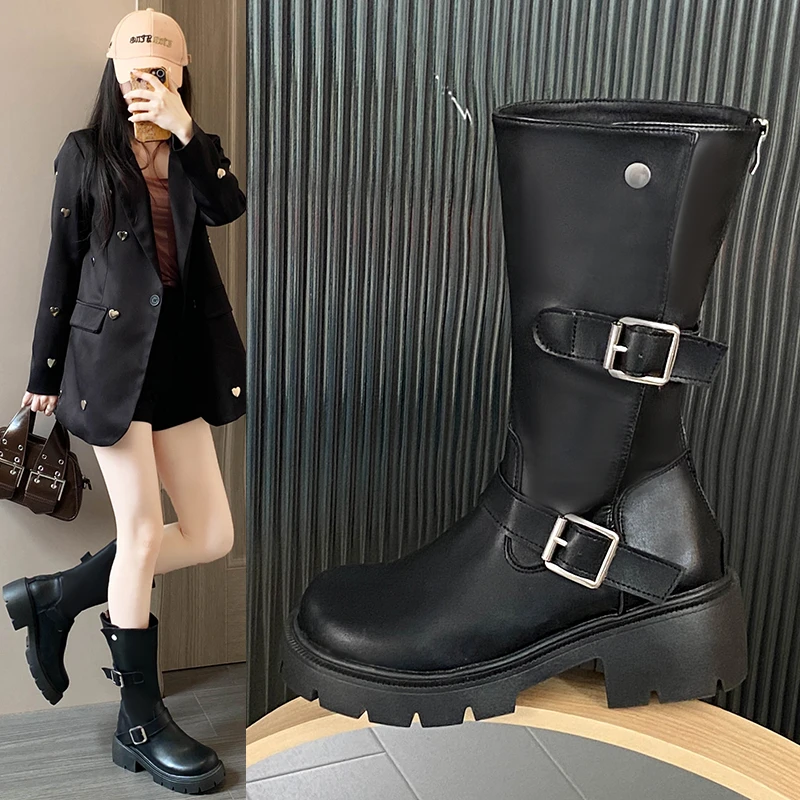 2026 New Mid-calf Boots Women Back Zipper Thick Sole Autumn Shoes Fashion Buckle 5CM Block Heel Outdoors Casual PU Leather Boots