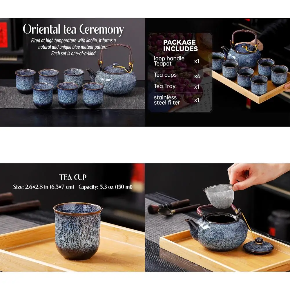 

Japanese Kiln-Altered Blue Porcelain Tea Set: 1 Teapot (700ml), 6 Cups (120ml), Tray