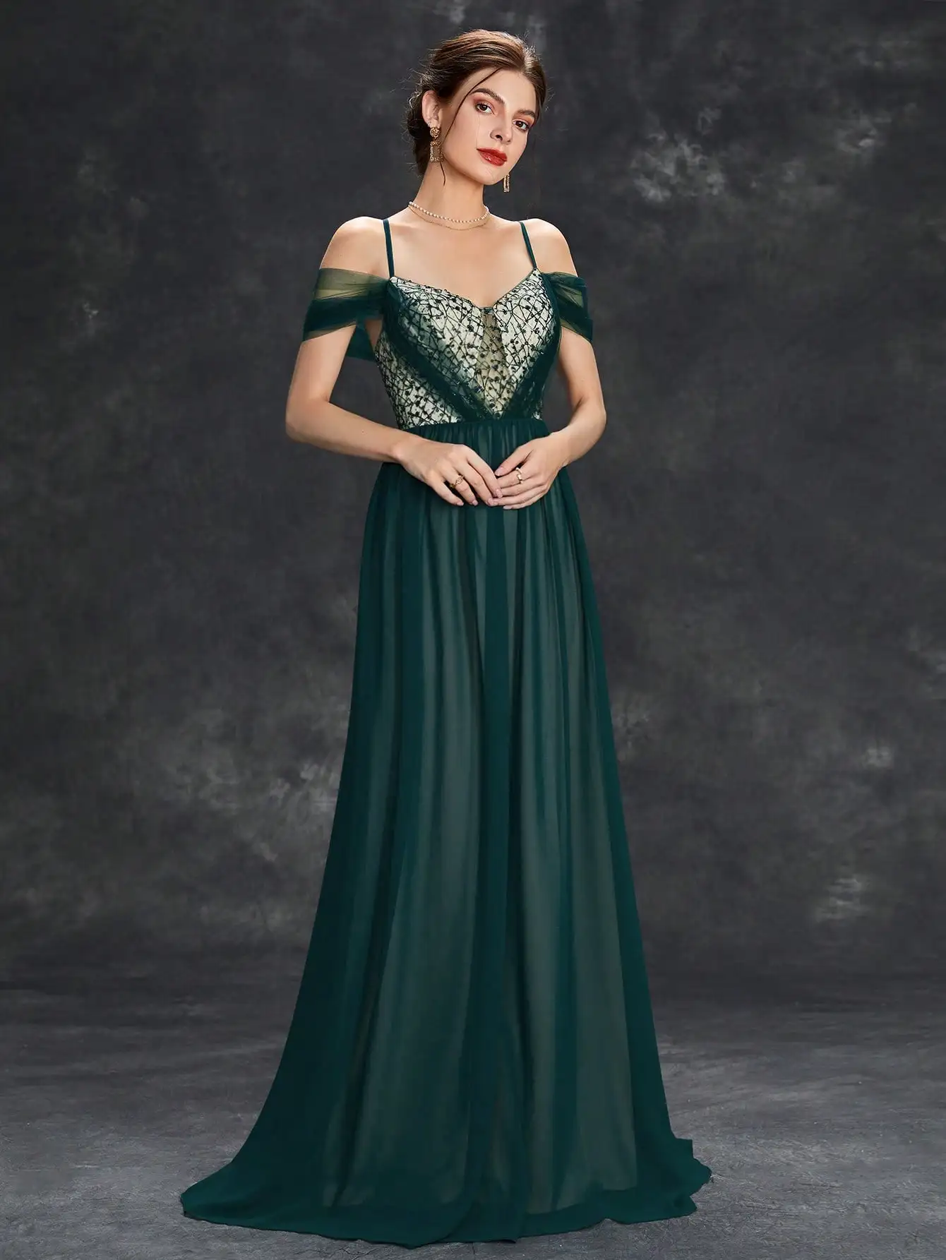 Mgiacy-プリーツシフォンスカート,Vネック,スパンコール,カットアウト,メッシュ,イブニングドレス,ウエディングドレス,イブニングドレス