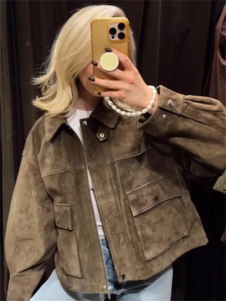 

Retro Turn-down Suede Collar Cropped Jacket Coat Button-Down Up Loose Fit Short Outerwear Autumn Chic Female High Street Outfit