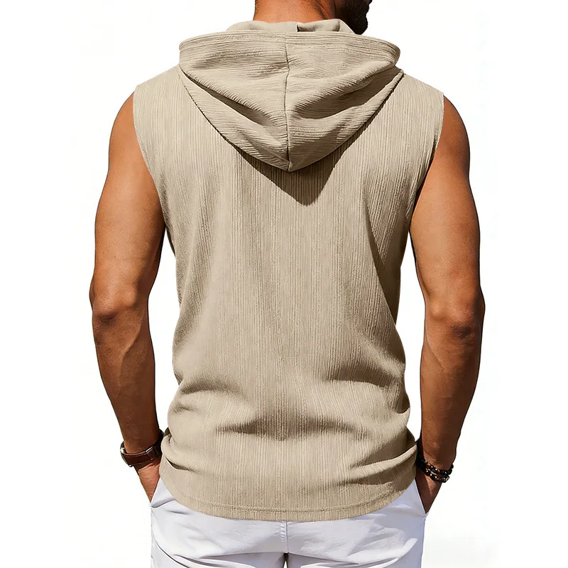 New Men  Sleeveless Hoodie Vest Summer Solid Lace Up Drawstring Tank Top with Pocket Casual Hip Hop Gym Workout Hooded T-shirt。