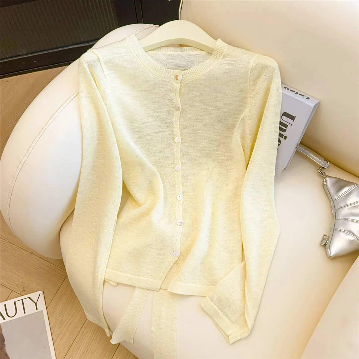 Cárdigan de punto de manga larga con cordones para mujer, estilo francés elegante, fino, Color sólido, cuello redondo, prendas de punto versátiles, Tops informales