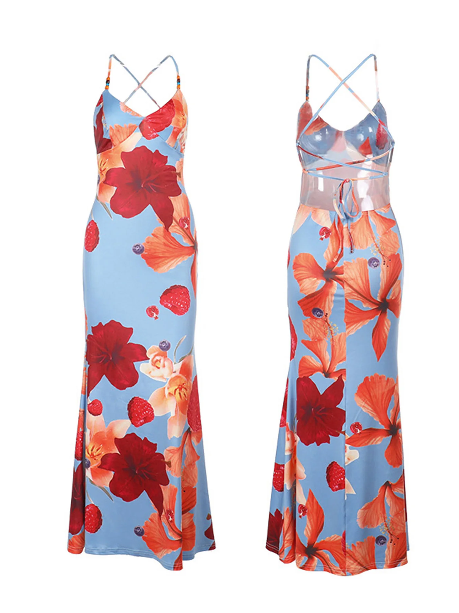 Abito da donna elegante senza maniche con stampa floreale con scollo a V e spalline sottili e dettagli incrociati sul retro per una vestibilità