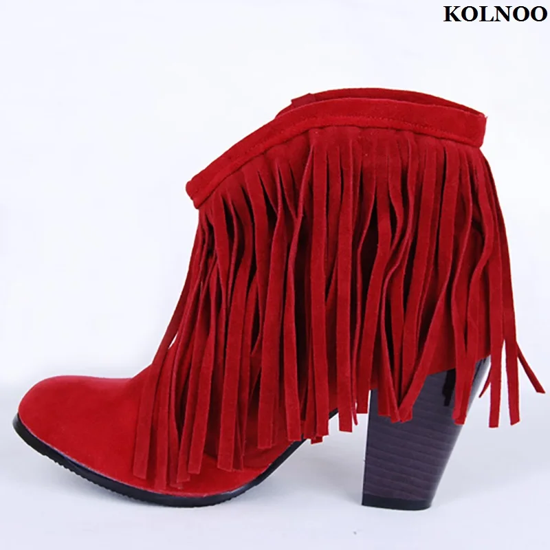 

Kolnoo Handmade Japanese Style Womens Chunky Heels Ankle Boots Tassels&Fringed Retro Dress Boots Evening Fashion Party Shoes