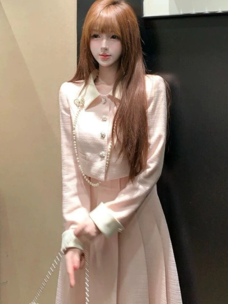 

French Vintage Elegant 2 Piece Set Women Button Design Coat + High Waist Casual Midi Skirt Female Chic Korean Popular Clothes