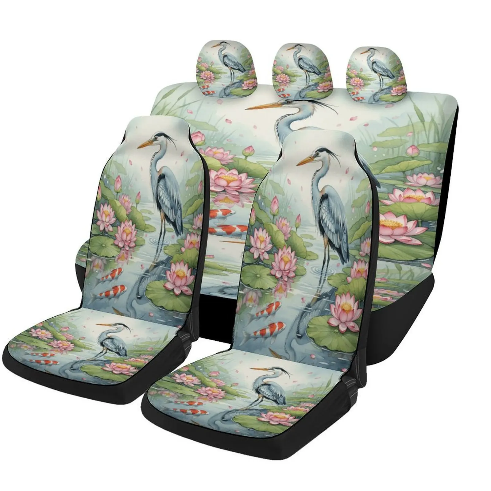 

Herons In For Lotus Pond Themed Car Seat Cover Set - Trendy High-Quality Polyester Full Set For 2 Front & Rear Seats, Universal