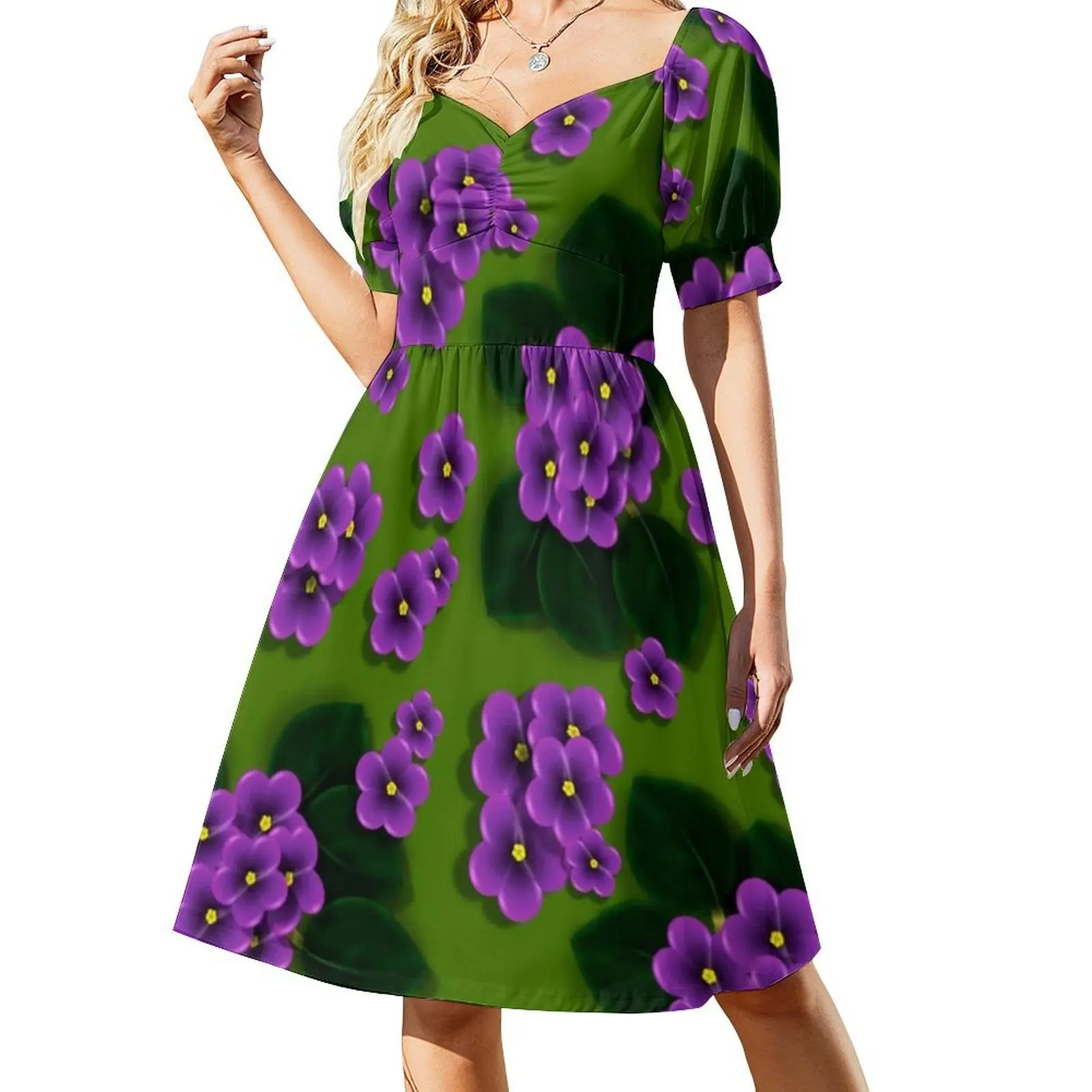 باقة من البنفسج الأفريقي مع فستان بفتحة عنق على شكل قلب أخضر عميق، فستان أنيق للحفلات الصيفية للنساء البنفسجي الأفريقي #2