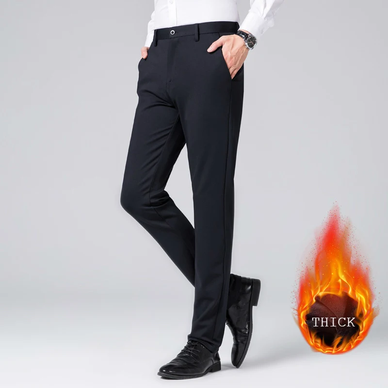 Winter Elastic Blue Long Loose Suit Pants Man Slim Fit Dress Pants Straight Warm Thick Formal Suit Pants Plus Size Office Wear