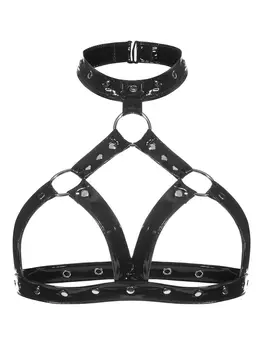 S-3XL halfter Metallring Niet aushöhlen Bustier Crop Tops Wet Look PVC Bikini Top glänzendes Pu Leder sexy Croptop Camis abgeschnitten