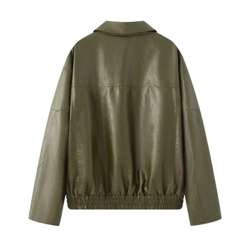 Veste en cuir avec fermeture éclair pour femme, manches longues, col à revers, taille élastique, manteaux courts, Chic, hauts féminins, automne