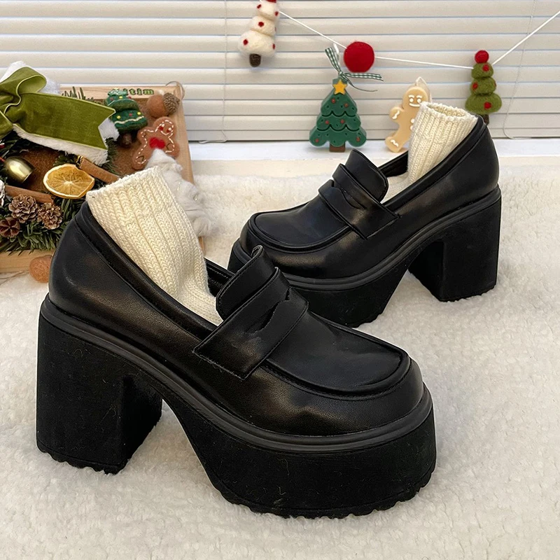 super high heels chunky platform pumps women spring 2024 Gothic Patent Leather Loafers Woman Black Thick Heeled Jk Lolita Shoes