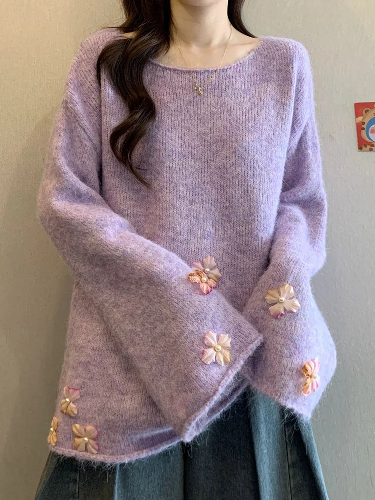 Zoete bloemen chique trui dames O-hals schattige gebreide truien met lange mouwen mode preppy stijl losse luie wind dame herfst trui